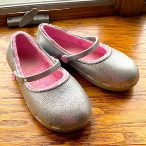 Crocs sparkly silver maryjanes  with soft pink liner